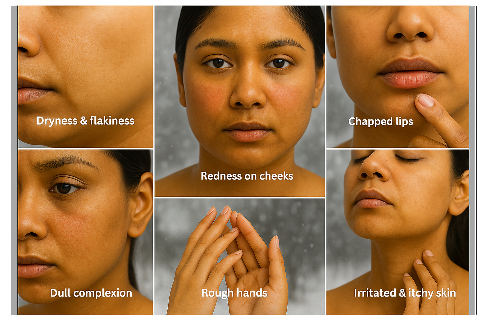 Woman showing common winter skin problems including dryness and flakiness, redness on cheeks, chapped lips, dull complexion, rough hands, and irritated itchy skin.