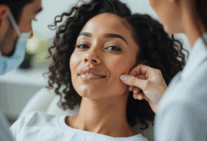 A woman receiving a facial examination from a cosmetic professional before a fat dissolving procedure