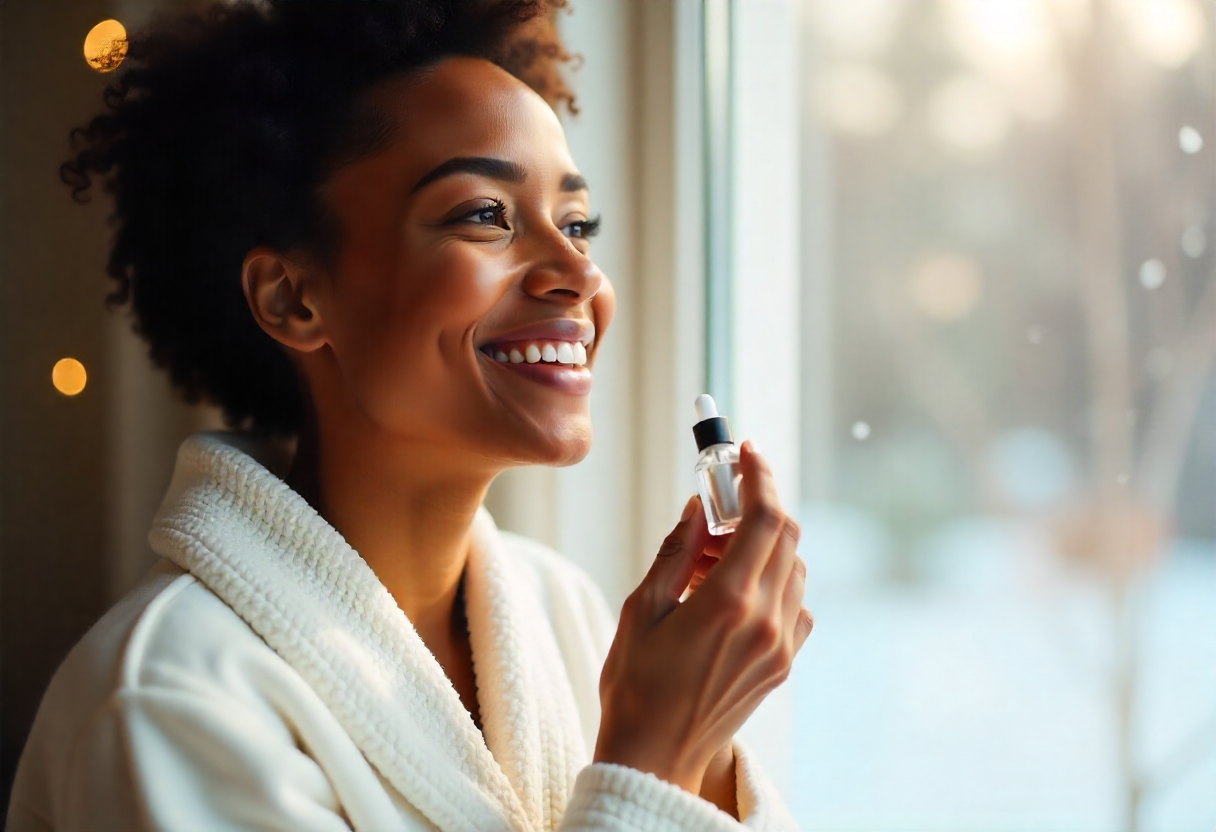 Smiling woman wearing a bathrobe applying facial serum near a window on a winter morning, enjoying a bright skincare moment with natural light.
