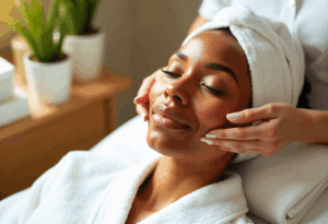 lack woman relaxing during a professional facial treatment at a modern spa, with a serene expression and warm natural lighting.