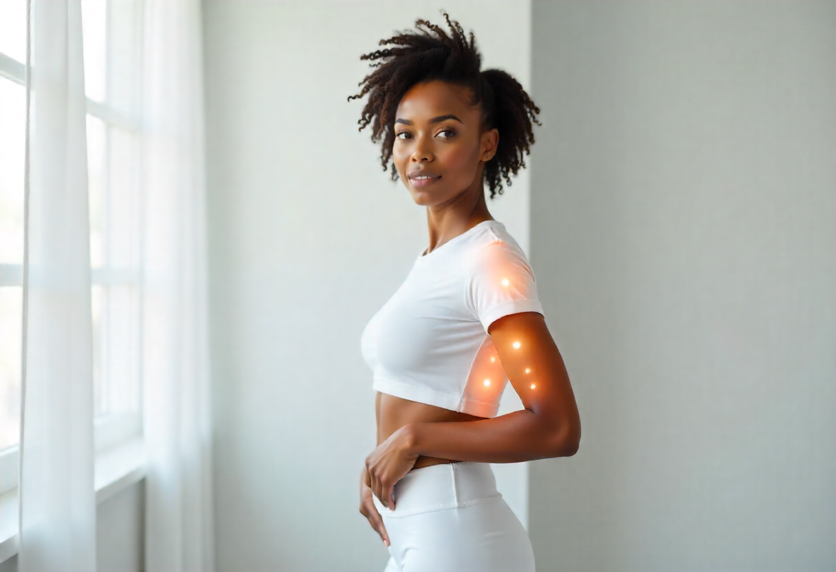 Woman showing targeted arm areas for fat dissolving injections treatment