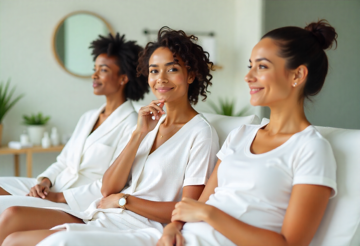 Women relaxing at an aesthetic clinic before fat dissolving injection treatment