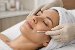 Professional dermaplaning treatment removing dead skin and facial hair