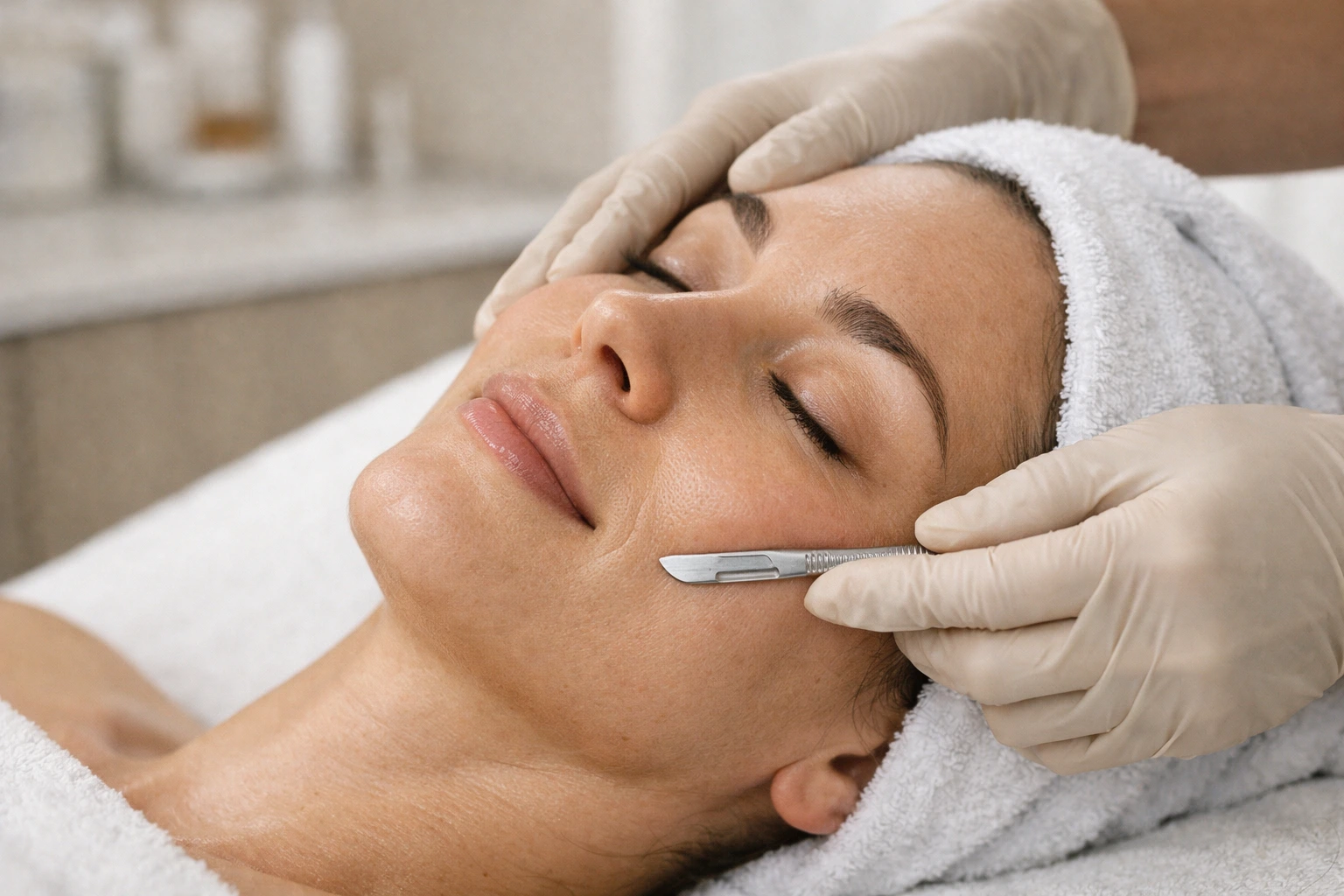 Professional dermaplaning treatment removing dead skin and facial hair