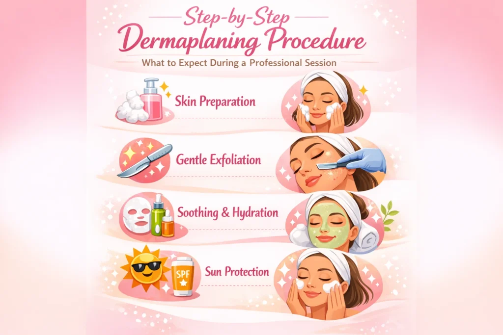 Step-by-step dermaplaning procedure showing professional skincare treatment stages