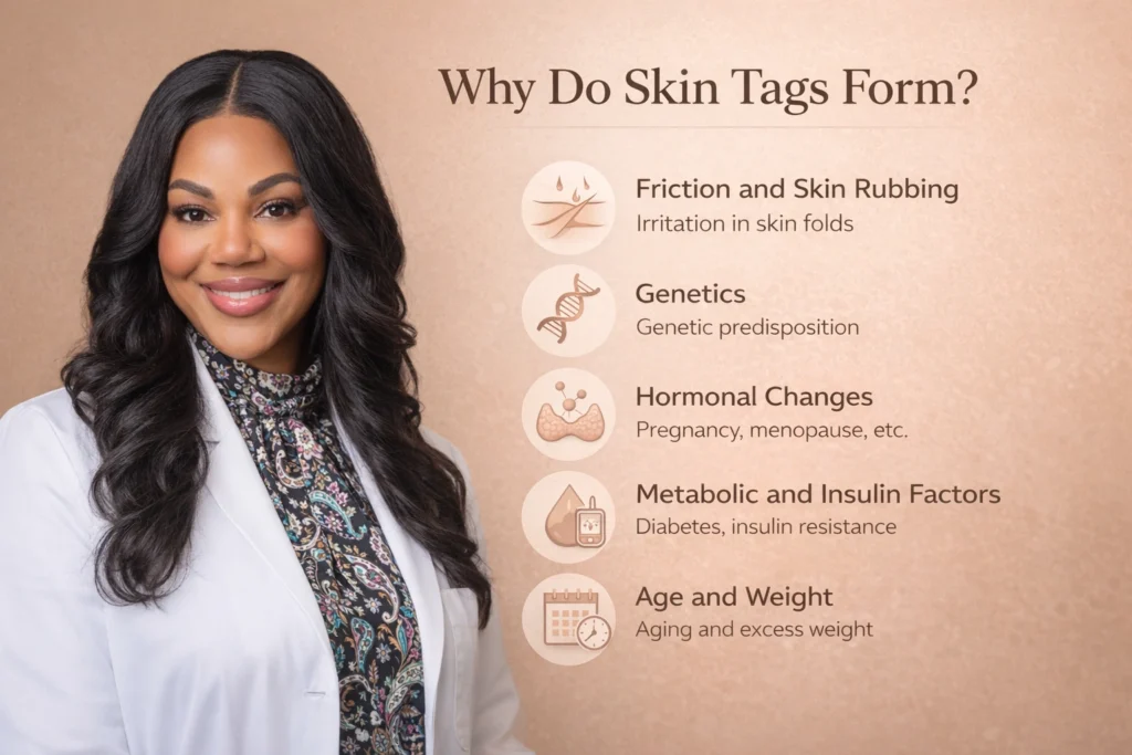 Smiling medical professional beside infographic explaining skin tag causes including friction, genetics, hormones, and metabolism.