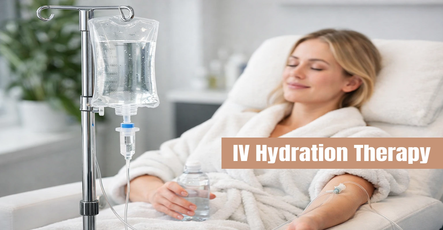 Relaxed woman undergoing IV hydration therapy for health benefits