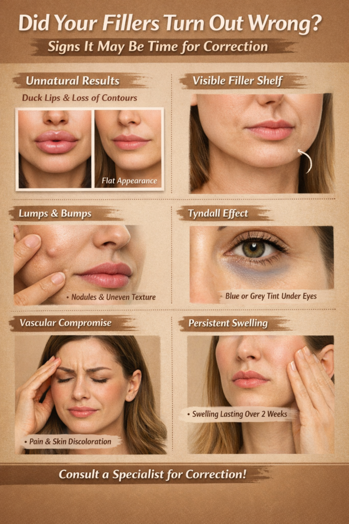 Signs of botched fillers including lumps, shelf, and swelling