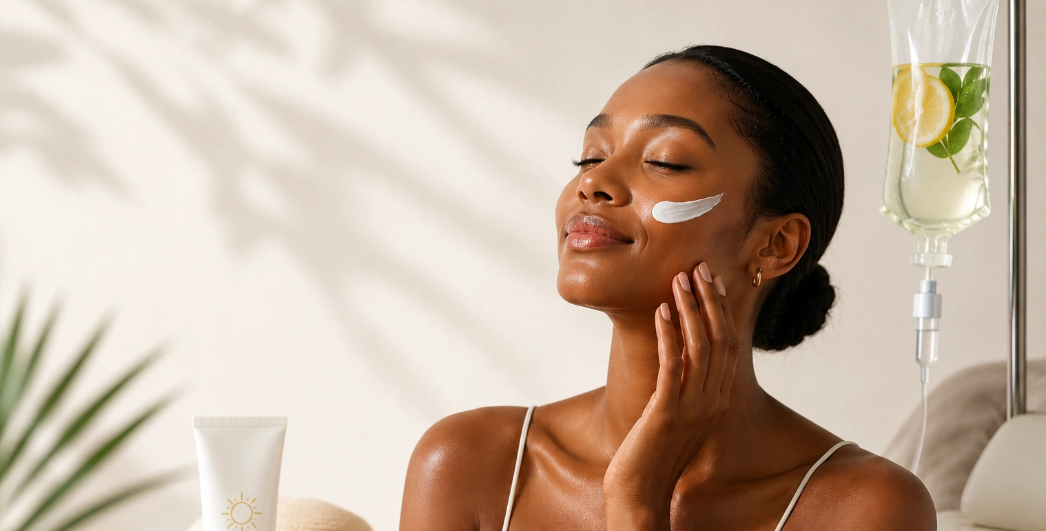 Woman enjoying SPF skincare with IV hydration therapy for healthy, hydrated, and protected skin.