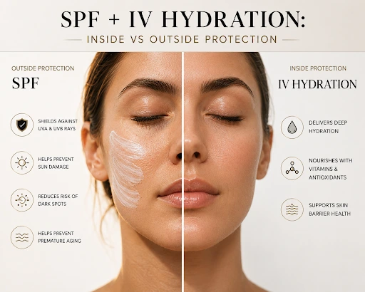 Split-face illustration comparing SPF protection and IV hydration.
